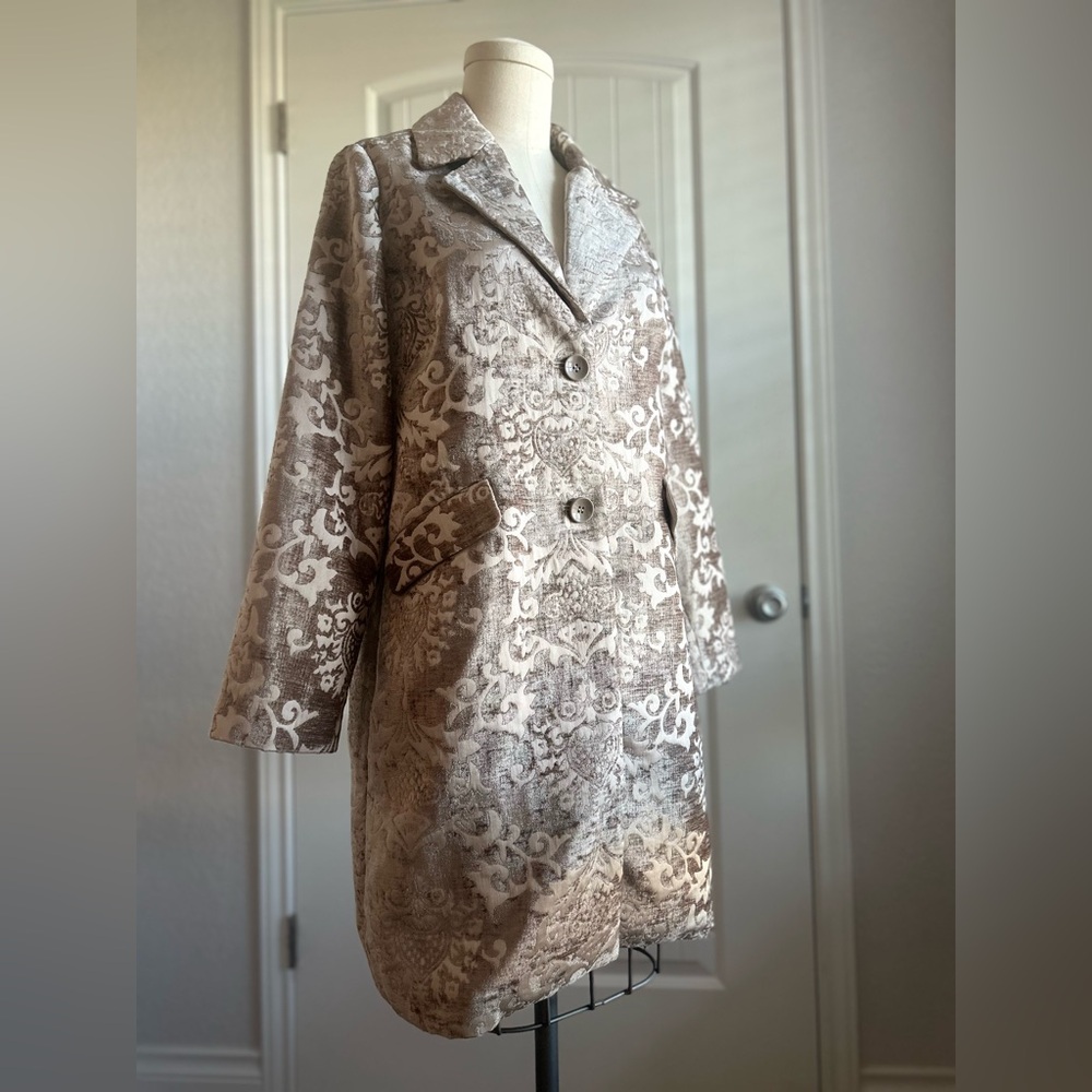 Chico’s Taupe Beige Chenille Jacquard blazer car coat SZ 0 Small